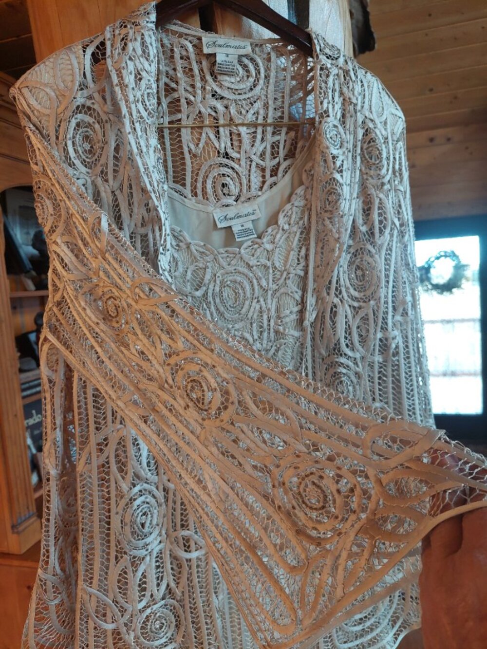 Soulmates Two Piece Silk, Lacework, Beaded Dress and Jacket, Cream color size xl - Picture 6 of 11